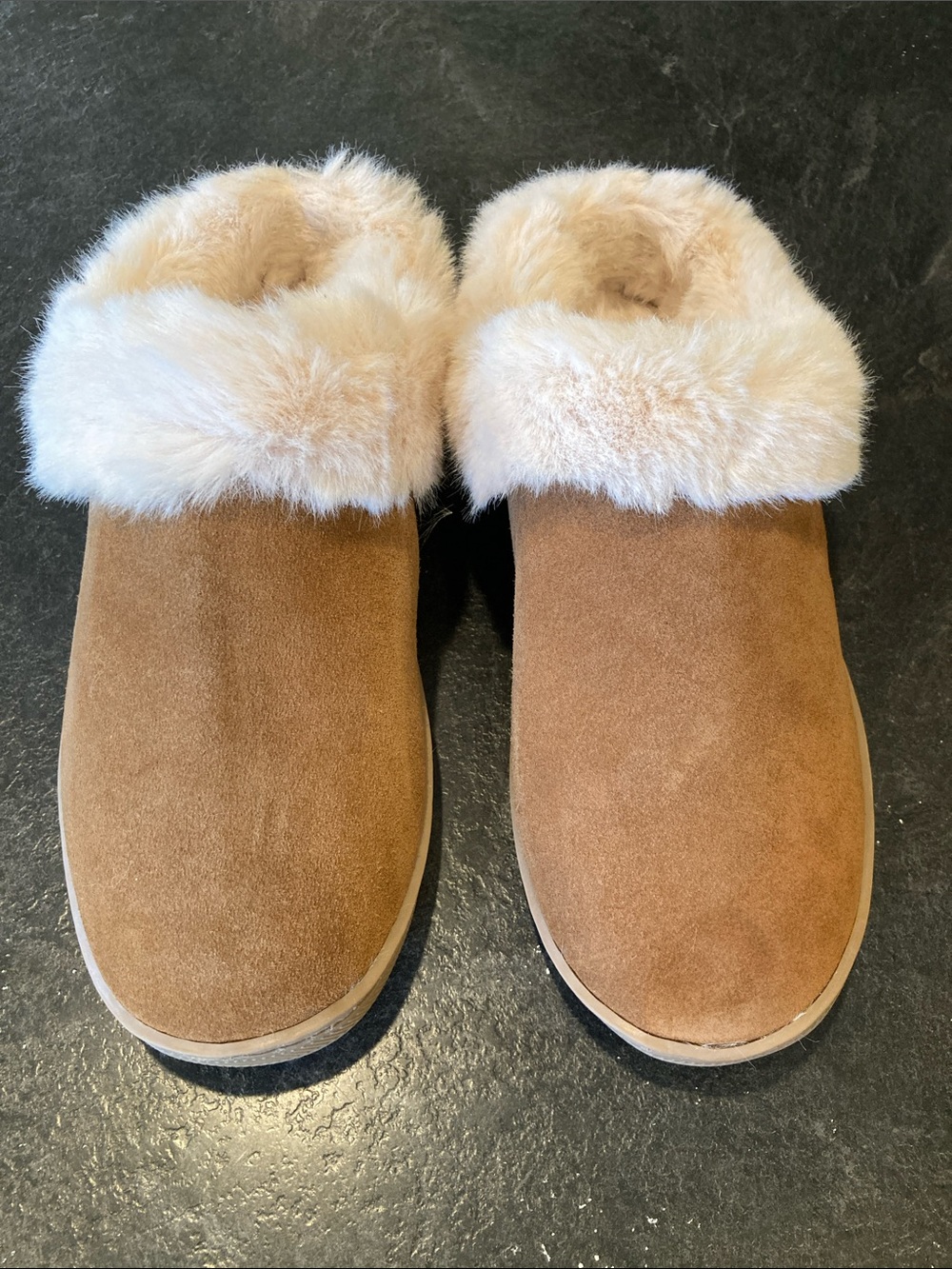 Women My Slippers brown leather faux fur trim slippers shoes size 7